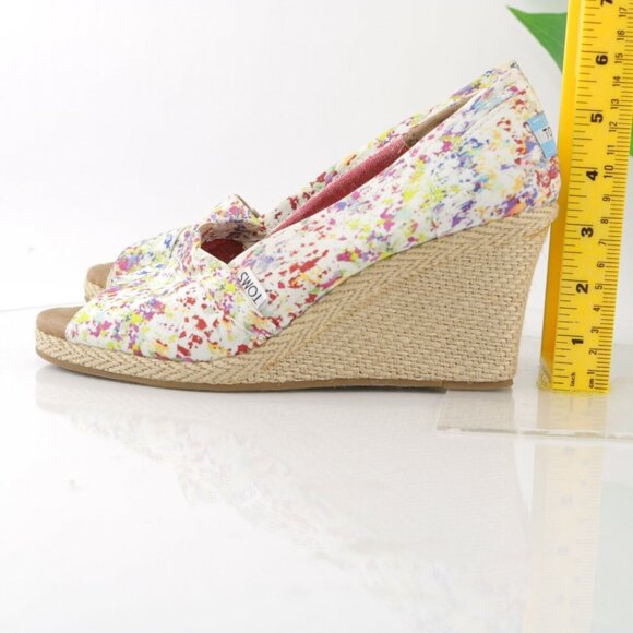 TOMS Womens Bernardo Pump Size 9 White Red Splash Canvas Open Toe Wedge Heel - Picture 10 of 12